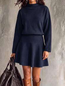 PoPoHouse Autumn/Winter Women's Faux Collar Long Sleeve Knit Dress, Gentle Elegant High Waist A-Line Short Style, Suitable For Daily Commute - Navy Blue - View 6