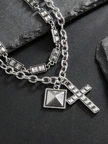2pcs/Set Gothic Distressed Silver Rivet Bracelet, Double Layer Chain With Cross Pendant, Street Hip-Hop Style Fashion Accessory - White K - View 5
