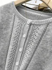 Plus Size Women's Elegant Solid Color Knit Cardigan With Buttons, Casual Slouchy Comfortable Thin Knit Sweater Jacket For Autumn/Winter, Suitable For Outings, Versatile Top - Grey - View 5