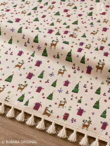Christmas Printed Tablecloth With Tassel Fringe, Beige Holiday Table Cover With Christmas Tree, Reindeer & Gift Pattern, Festive Dining Table Decor For Xmas Party, Kitchen & Home - Beige - View 8