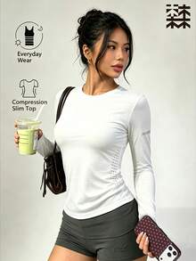 mulinsen Women's Slim Fit Quick-Dry Sports T-Shirt, Round Neck Dotted Print Fitness Running Short Sleeve Top - White - View 10