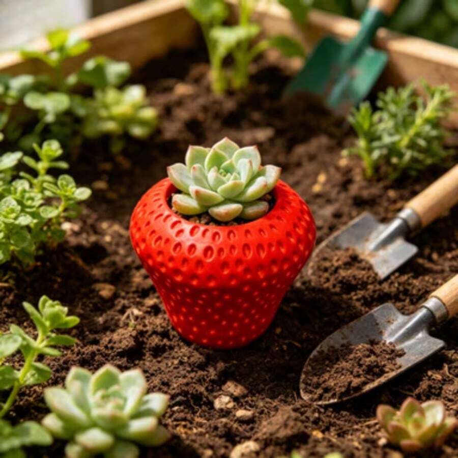 1pc Cute Strawberry Shaped Small Plant Pot, Resin Succulent Planter Pot Without Drainage Hole, Mini Decorative Flower Pot For Indoor Desktop, Window Sill, Tabletop, Adorable Home Decor For Tiny Greenery & Houseplants - Multicolor - View 1