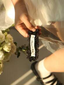 Satin Lace Wedding Garter, Customizable Name Date Letter Embroidery, Faux Pearl Double Layer Adjustable Plus Size Garter, Wedding Keepsake - Multicolor - View 6