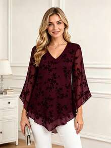 CheersLife Women's Elegant V-Neck Double-Layer Elastic Mesh Casual Flowy Work Blouse With Ruffle Trim And 3/4 Bell Sleeves Red - Red - View 1