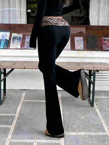 Women's Low Waist Casual Patchwork Contrast Color Leopard Print Wide Leg Pants - Black - View 6