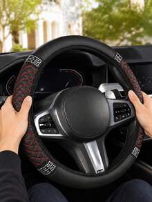 1件時尚耐用亮面軟皮革汽車方向盤套－防滑、耐熱耐寒保護套 - 黑色紅線 - 查看 8