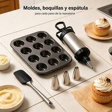 Stainless Steel Baking Set With 12-Cup Muffin Pan, Piston Piping Bag With Interchangeable Nozzles And Kitchen Spatulas, Complete Dessert Baking Kit - Multicolor - View 3