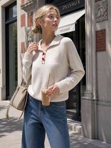 Autumn Cream Collared Pullover Sweater, Contrast Red Button Long Sleeve Top, Thanksgiving Halloween Daily Outfit - Apricot - View 2