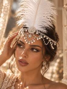 outingfit New White Bridal Feather Headpiece, European And American Style Party Feather Hair Chain - Gold - View 1