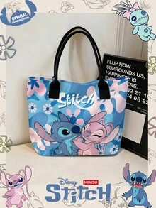 Miniso Tas Tote Kanvas Biru Motif Bunga Disney Stitch & Angel, Tas Bahu Kasual dengan Pegangan, Cocok untuk Penggunaan Sehari-hari - Hitam - View 7