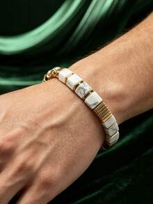 1pc Men's Bracelet, Made Of Natural Gemstones Like White Marble And Hematite, Featuring A Spiral Effect, An Original And Personalized Gift. - Multicolor - View 2