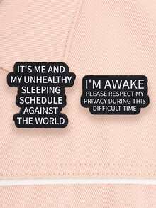2 Pcs Fun Late Night Quotes Enamel Pins, Simple Text Satire Badges, Fashion Accessories For Clothes Backpacks, Gift For Friends - Black and White - View 2