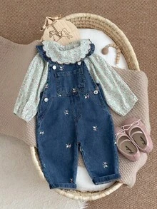Baby Floral Embroidered Denim Adjustable Shoulder Strap Overalls, Loose Rolled Hem Long Pants For Boys And Girls - Navy Blue - View 14