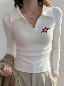 Korean Style Sweet & Cool V-Neck Collared Cinched Waist Ruched Long Sleeve T-Shirt, Red Star Chest Logo, Elastic Slim Fit Cropped Top, Autumn - White - View 5