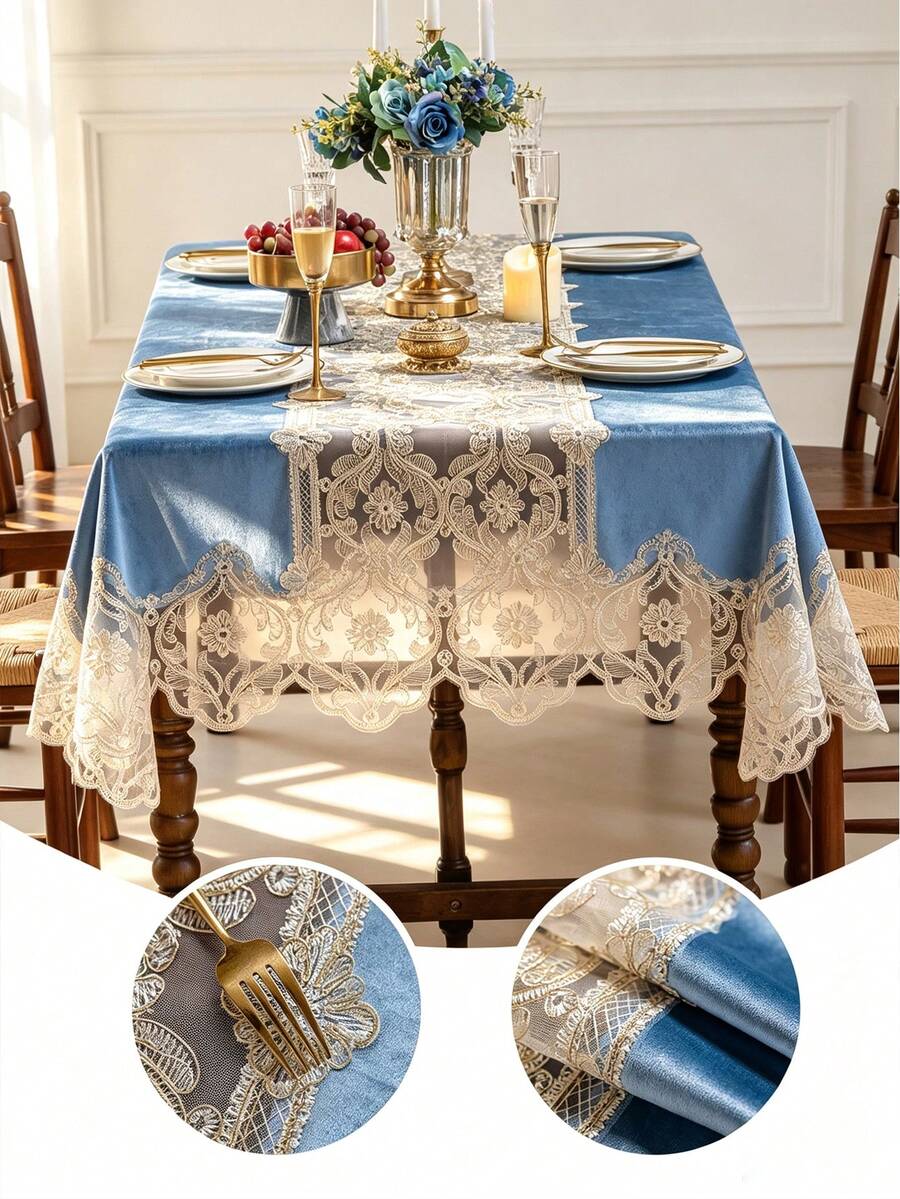1pc Light Blue Velvet Hollow Lace Tablecloth, Gold Vine Rope Embroidery Craft Tablecloth, Multiple Size Options, Suitable For Living Room, Dining Room, Home Decor And Room Decoration, Perfect For Holiday Party Decoration Or Dining Table Decor - Baby Blue - View 1