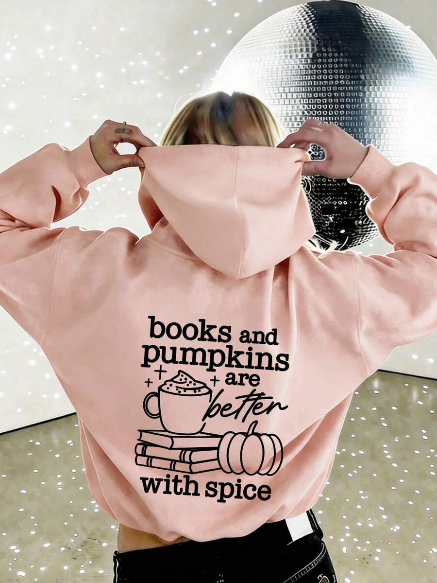 Autumn Women's Hoodie With Books, Pumpkins And Spice Print, Long Sleeve Loose Fit - Flesh Pink - View 1