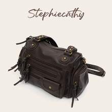 STEPHIECATHY 纯色水洗柔软PU仿皮，拉链封口，多口袋设计，双短肩带，可调节腰带，女士单肩斜挎包，小号，男女通用，复古休闲实用，适合大学生日常通勤 - 咖啡 - 查看 4