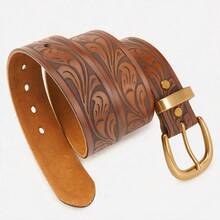 Men's Full Grain Leather Belt With Rounded Horseshoe Prong Buckle And All-Over Western Scrollwork Embossed Strap - ST055 - View 7