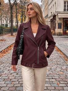 Women's Streetwear Solid Color Leather Short Jacket, Autumn/Winter,Black/Brown/Burgundy Jacket,Winter Jacket For Women - Burgundy - View 8