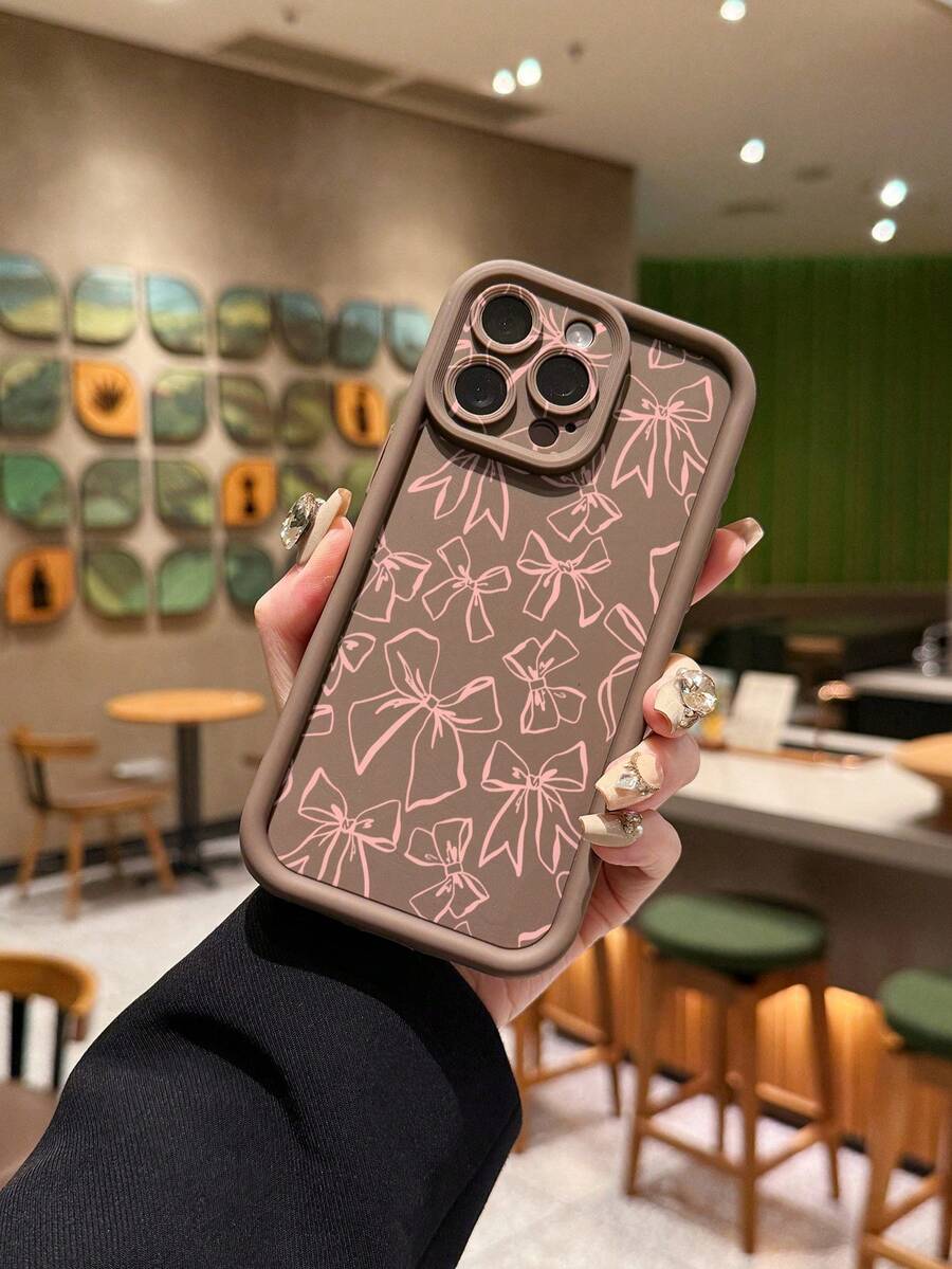 1pc Fashionable Bow Element Pattern Brown Thickened Diamond Sand Anti-Drop Anti-Shock Full Lens Protection Phone Case, High Protection, High Fashion, Suitable For Men And Women, Ideal Choice For Fashion Enthusiasts, Minimalist And Stylish, Compatible With Apple/ - Brown - View 1