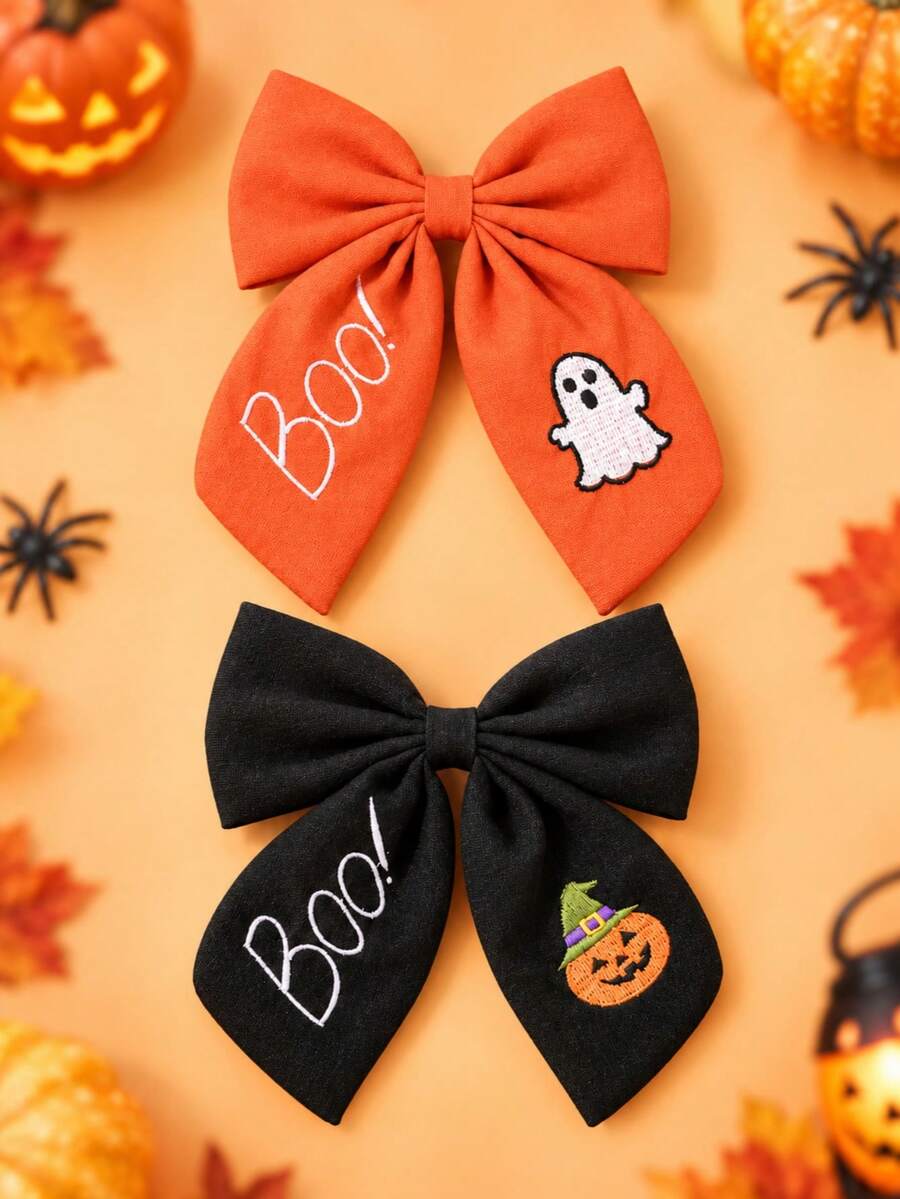 2pcs Halloween Bow Hair Clip Set, Ghost Pumpkin Boo Embroidery, Cute Hair Clips For Girls, Party & Daily Hair Accessories - Multicolor - View 1
