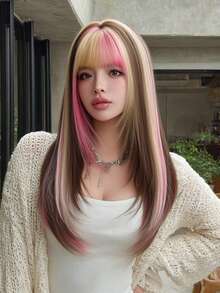 NAMM 26 Inch Brown & Pink Highlight Wig With Bangs Long Layered Straight Hair Wigs ForWomenNatural Looking Synthetic Heat Resistant Fiber Wig For Daily Wear, Hallowmas Party Cosplay Use - Multicolor - View 5