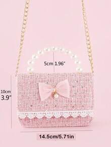 1pc Mini Girls Children's Bag With Beaded Bow Decoration, PU Linen Sequin Material, Chain Shoulder Strap, Fashion Beaded Handbag, Pink Mini Party Bag, Lightweight Children's Wallet, Small Handbag Suitable For Holiday And Daily Use - Pink - View 3