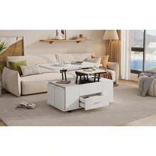 Lift Top Coffee Table With Wheels,  Convertible Dining & Work Table With 4 Stools, Hidden Storage, Extendable Side Table, Space-Saving End Table,Tea Table, White, 100x50x45cm (Folded) - 1 - View 8