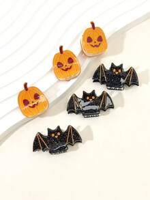 6Pcs Halloween Mini Pumpkin & Bat Hair Claws, Glitter Cute Women Party Side Bangs Hair Jaw Clips - Multicolor - View 2