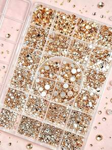 24 Grid Box Flat Back Rhinestones, Champagne Gold Multi-Size Crystal Nail Gems, Sparkling DIY Nail Art Decorations For Nail Salon & Home Manicure - Multicolor - View 3