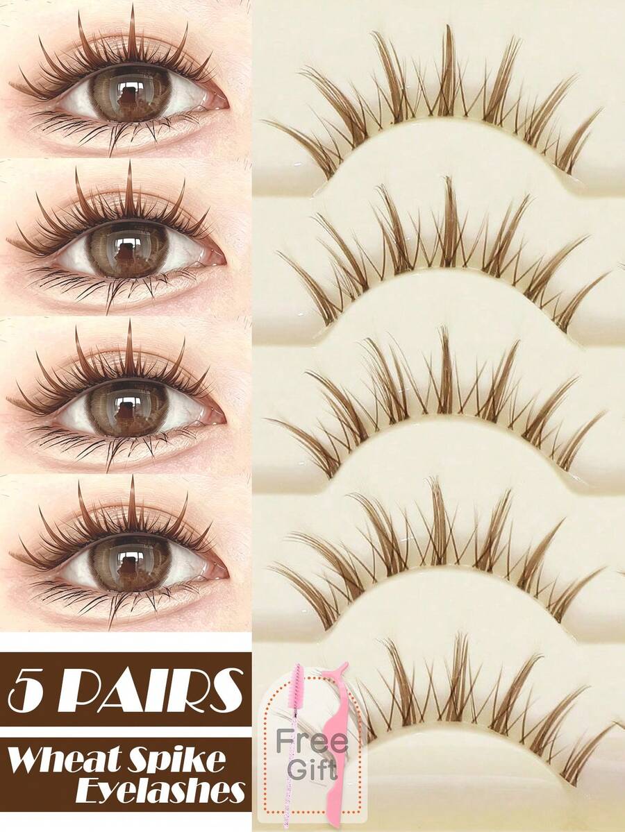 5 Pairs Brown Wheat Ear Full Strip False Eyelashes, Sharp Tips, Thin Natural Look, Soft Stem, Reusable Makeup Lashes, Includes Eyelash Applicator And Brush - Brown - View 1