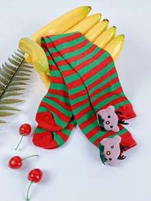 1 Pair Women's Christmas Plush Over-The-Knee Socks, Red & Green Striped Reindeer & Letter Print, Soft Winter Holiday Party Accessory, Hand Wash Only - Red - View 3