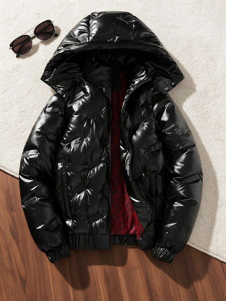 Men's Shiny Stand Collar Long Sleeve Detachable Hood Solid Color Casual Style Autumn/Winter Warm Padded Coat - Black - View 1