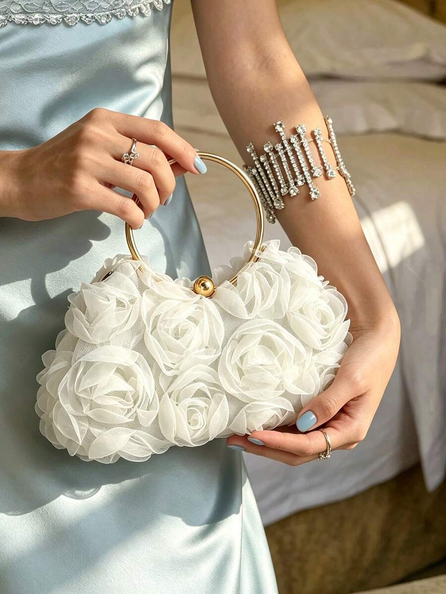Dedoo Cloud-Shaped Clutch Bag With Circular Handle, 3D Rose Floral Design, Organza Mesh, Gold Metal Handle, Handheld Style, Ethereal Romantic, Wedding Evening Party Women's Clutch