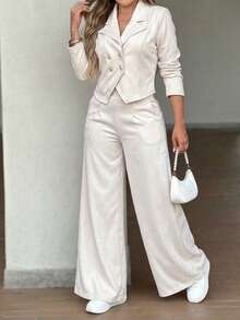 LUNNELUX Women Fall 2 Pieces Suit Set, Lapel Long Sleeve Double Breasted Blazer & High Waist Wide Leg Trousers Office Daily Outfit With Side Pockets - Beige - View 6