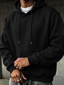 Men's Classic Solid Color Hooded Sweatshirt, Autumn/Winter Outfit Hoodie - Black - View 4