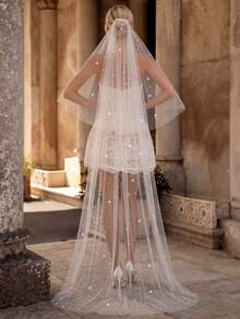1pc Faux Pearl Bridal Veil With Hair Comb, Short And Long Train Styles Available, Suitable For Church Wedding And Bachelorette Party - White - View 5
