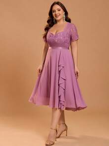 Plus Size Women's Elegant Romantic Flowy Chiffon Bridesmaid Dress, Suitable For Wedding Guests, Bridesmaids, Cocktail Parties, Graduation Ceremonies, Easter, Spring/Summer Wear - Lilac Purple - View 8