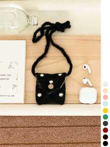 1pc Cute Plush Polka Dot Handmade Crochet Yarn Mini Crossbody Bag, Coin Purse, Earphone Bag For Women - Polka Dot Button Crossbody Earphone Bag - View 16