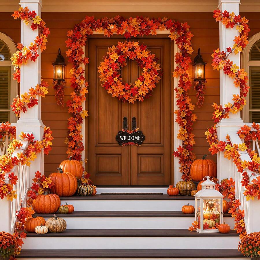 5/2/1pc - Autumn Maple Leaf Wreath, 5.6ft Artificial Maple Leaf Autumn Wreath, Hanging Autumn Vine Tabletop Decor - Durable And Reusable, Suitable For Thanksgiving Family Gathering, Front Door Autumn Decor, Room Decor, Room Decor, Home Decor, Autumn Home Decor, Christmas Home Decor - Multicolor - View 1