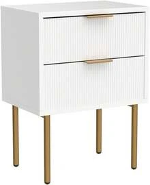 Mesita de Noche Moderna de Mediados de Siglo, 2 Cajones de Almacenamiento, Mesa Auxiliar Lateral con Marco Dorado, Color Blanco, para Recámara y Sala de Estar - Negro - Ver 2