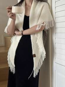 1pc Light Beige Triangle Shawl Scarf, Women's Knitted Tassel Shawl, Soft And Comfortable Women's Shoulder Wrap - Beige - View 5