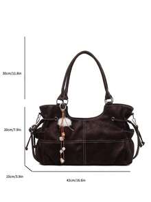 RAYCELL Large Capacity Pu Leather Handbag Tote Bag Fashionable Shoulder Bag With Pendant Suitable For Daily Used Office Commute Shopping School - Coffee - View 8