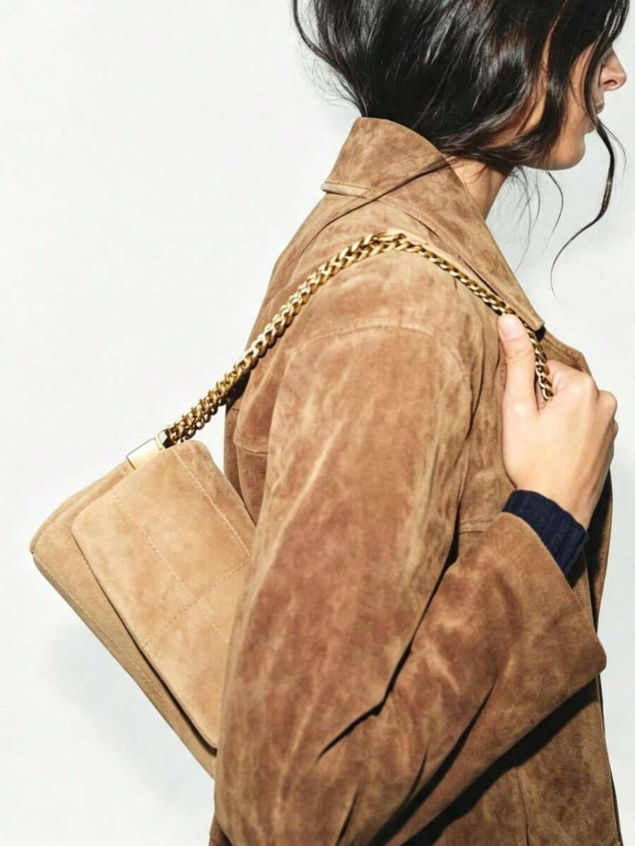 Women's Solid Color Faux Suede Metal Chain Crossbody Bag, Soft Flap ...
