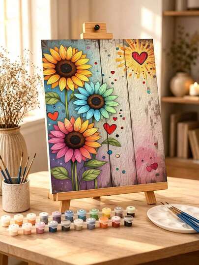 DIY Colorful Sunflowers And Hearts (Frameless Or Framed 8x12 / 16x20 Inches) Paint By Numbers Kit(Acrylic) Arts & Crafts For Adult Beginners, Home Wall Decor, And Holiday Gifts For Love And Joy
