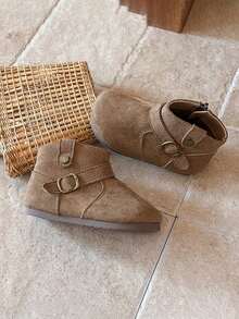 Children's Suede Ankle Boots With Side Zipper And Metal Buckle Decor, Versatile Casual Kids Shoes For Autumn/Winter - Khaki - View 4