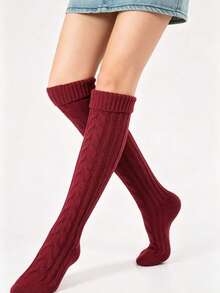 1 Pair Thick Knitted Cable Knit Knee High Socks, Warm Casual Daily Wear, Comfortable Socks - Burgundy - View 2