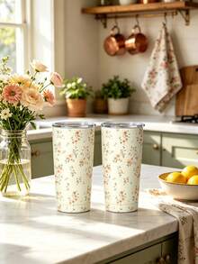 Valentine's Day 1pc/5pcs 20oz Stainless Steel Large Capacity Car Cup Couple Water Bottle, Autumn/Winter Insulated Coffee Mug, Light Purple Floral Print, Highly Attractive Portable Water Bottle Suitable For Office And Car, Valentine's Day Gift For Her, Iced Coffee Oat Milk - Multi-color - Fresh Flower - View 1