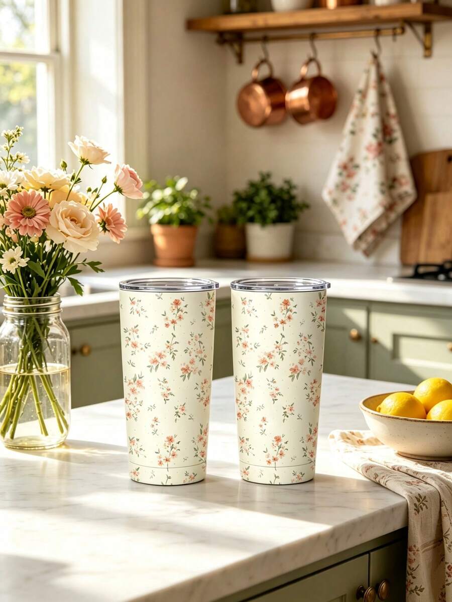 Valentine's Day 1pc/5pcs 20oz Stainless Steel Large Capacity Car Cup Couple Water Bottle, Autumn/Winter Insulated Coffee Mug, Light Purple Floral Print, Highly Attractive Portable Water Bottle Suitable For Office And Car, Valentine's Day Gift For Her, Iced Coffee Oat Milk - Multi-color - Fresh Flower - View 1