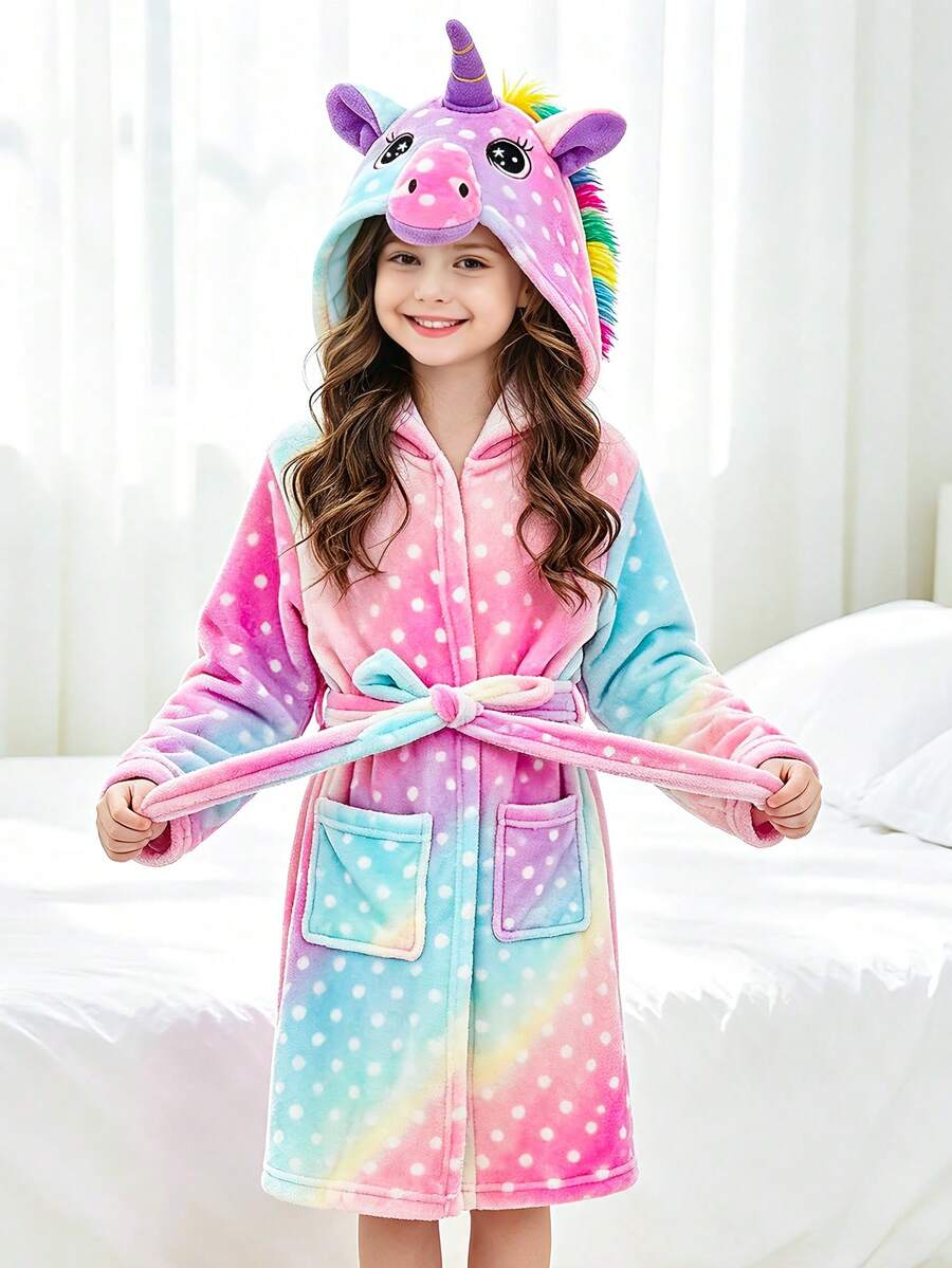 青少年女孩彩色星空波點獨角獸連帽睡袍家居服